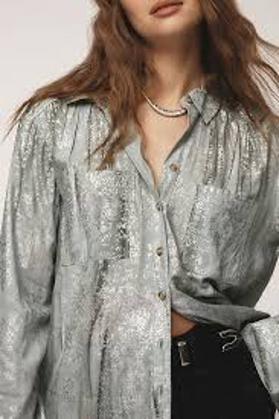 Pilcro Anthropologie Green Foil Shine Button Down Sleek Blouse size Medium
